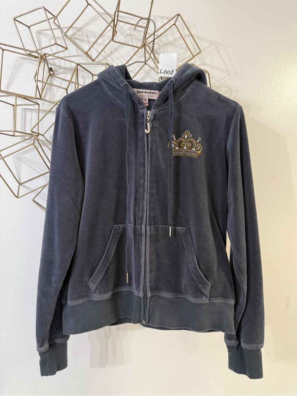 Vintage Y2K Juicy Couture Charcoal Velour Zip Hoodie with Crown